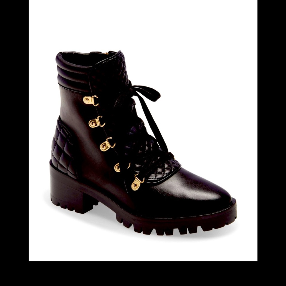 Karl Lagerfeld Black Quilted Lace-Up Combat Ankle Boots with Gold Eyelets